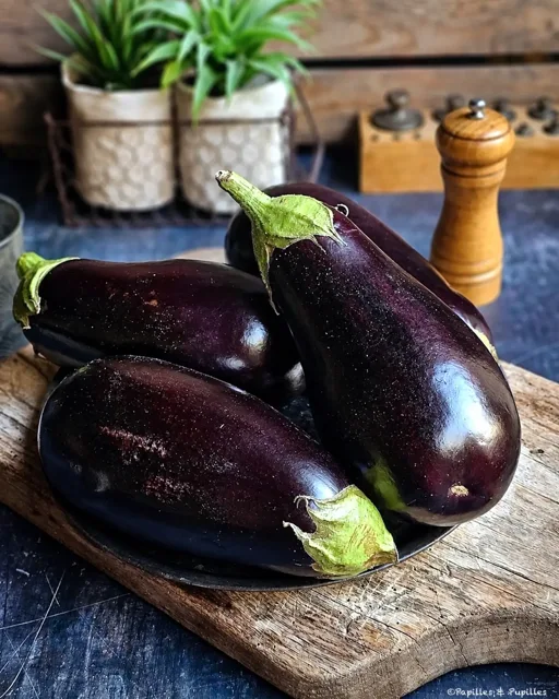 Several glossy purple eggplants on a wooden cutting board with a pepper grinder and potted plants in the background, in a rustic kitchen.
