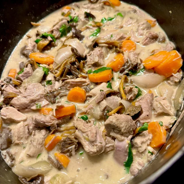 Blanquette de veau, a creamy French veal stew, bubbling in a pot with carrots, mushrooms, pearl onions and topped with parsley