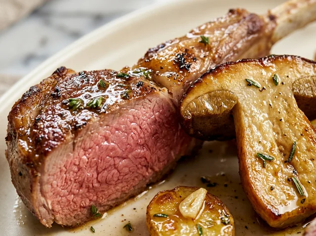 Pink lamb cutlet beside golden cèpes and a potato.