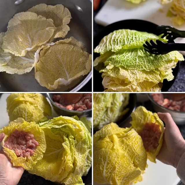 blanching cabbage leaves, draining, then spread leaves with stuffing and stick on to the cabbage heart