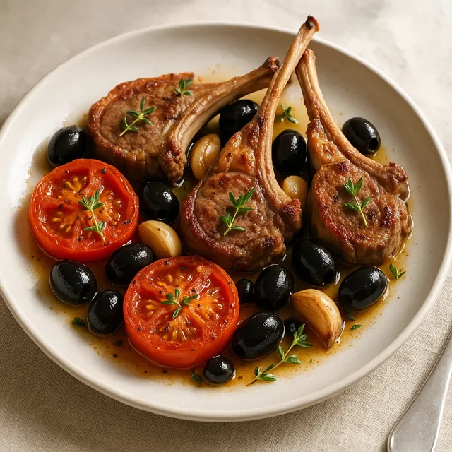 Lamb chops with tomatoes, black olives, garlic and herbs on a white plate.