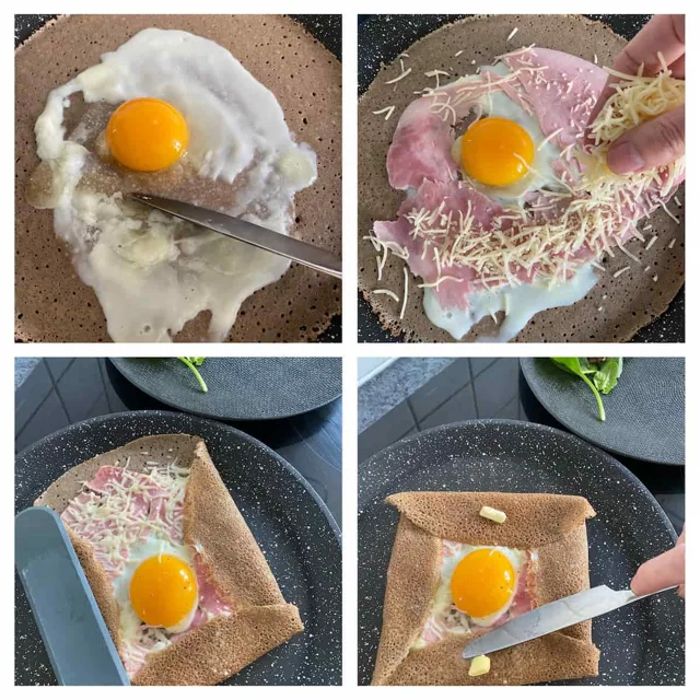 spreading egg white on a buckwheat pancake adding ham and grated cheese around the yolk then folding in 4 around it
