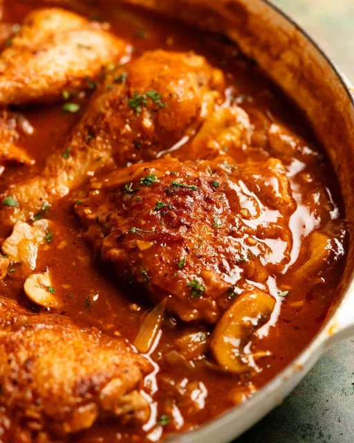 Chicken chasseur with mushrooms in a pan.
