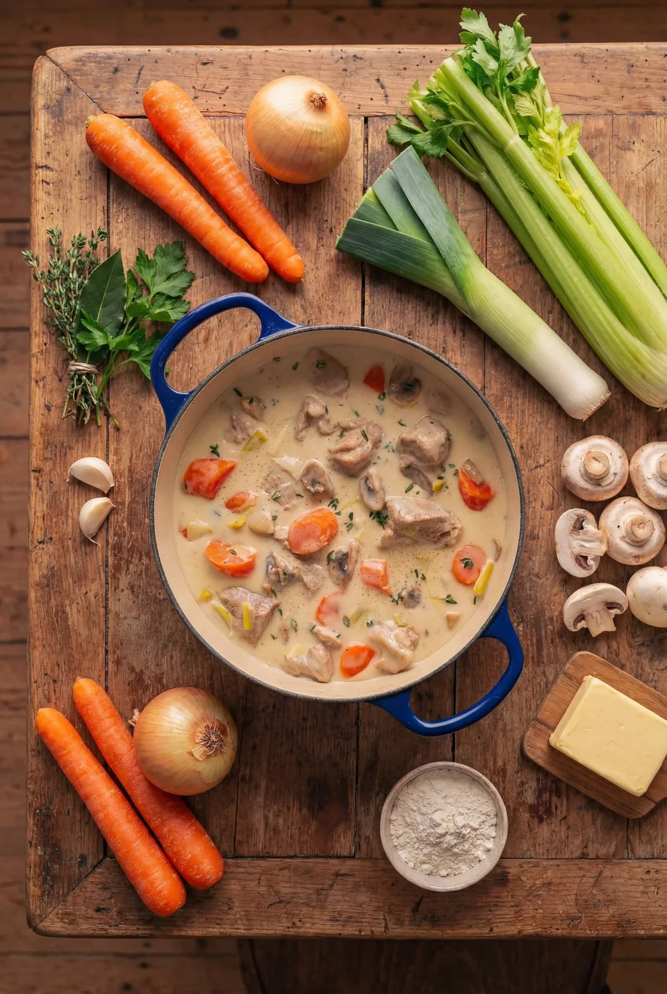 Blanquette de veau with carrots and mushrooms in a blue casserole.