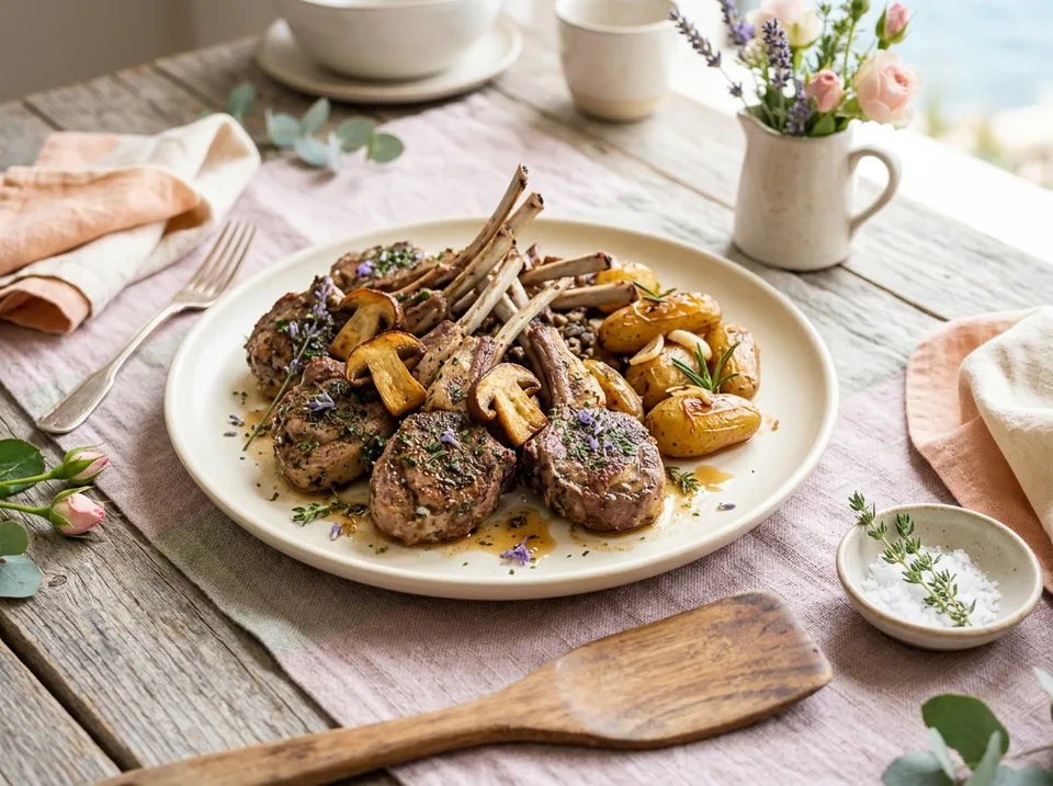 Lamb cutlets with cèpes and small potatoes on a serving platter.
