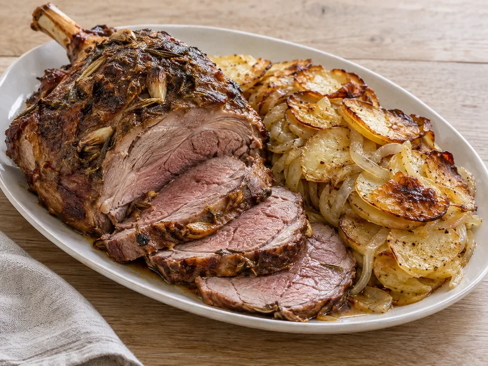 Roast leg of lamb over boulangère potatoes and onions.