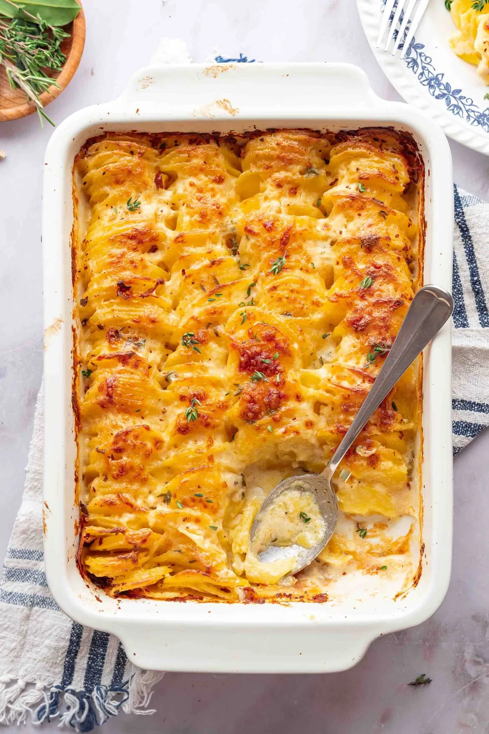 Gratin dauphinois with a golden browned surface.