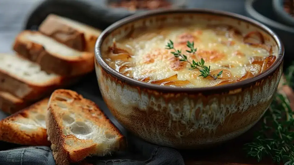 French onion soup with browned melted cheese and bread.
