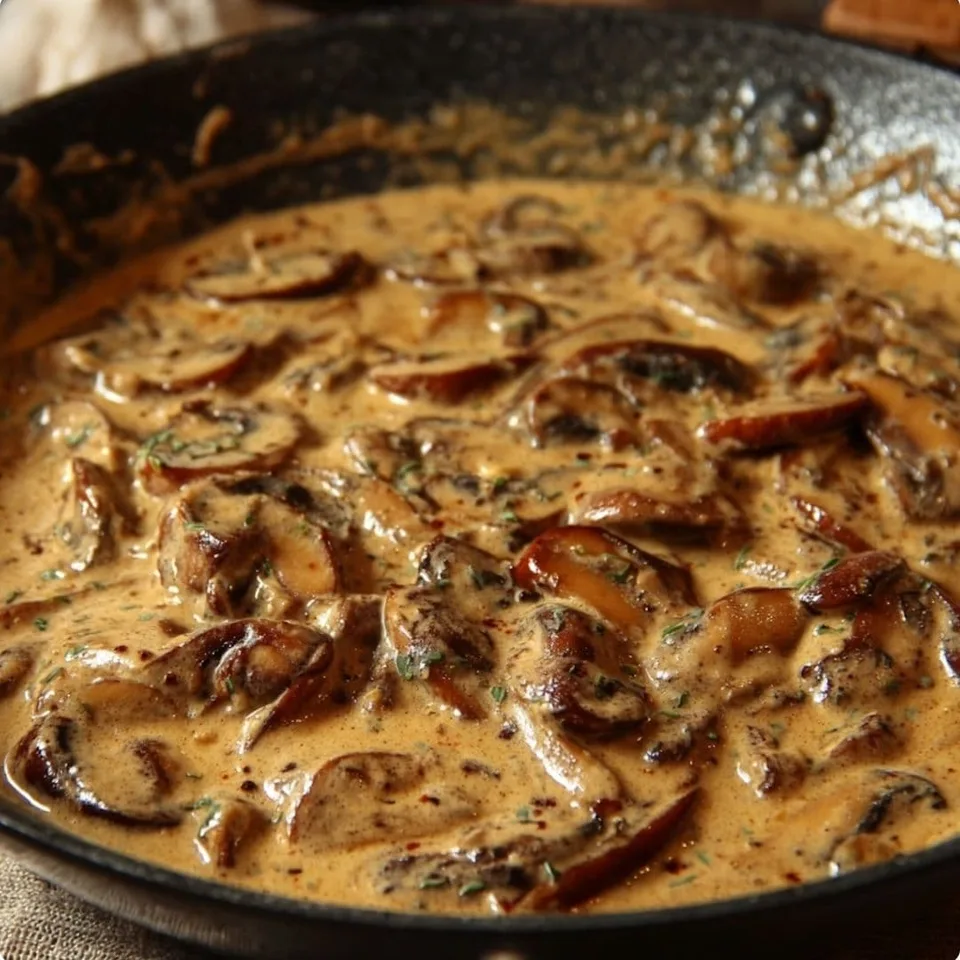 Sliced mushrooms in a creamy forestière sauce in a black pan.
