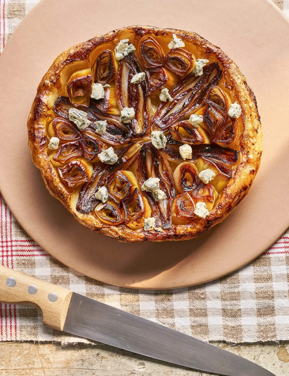 Shallot, leek and blue cheese tarte Tatin.
